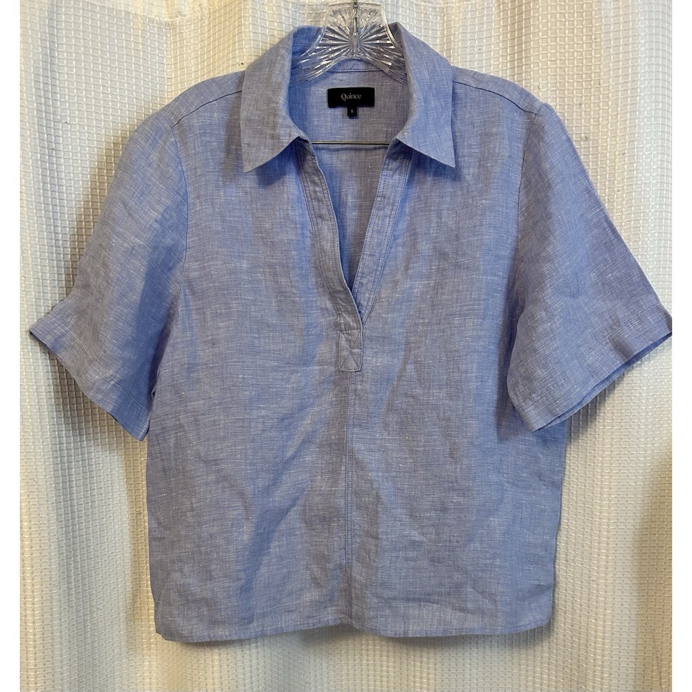 Quince 100% European Linen Short Sleeve Popover Top Small French Blue